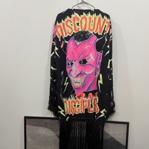 Discount Universe Black Fringe Kimono with Neon Devil Graphic